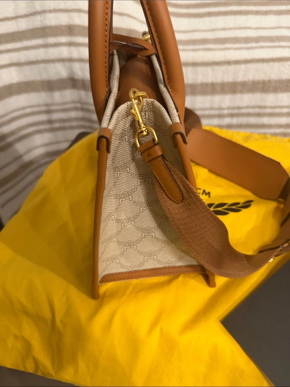 MCM Beige Canvas Satchel with Tan Leather Trim